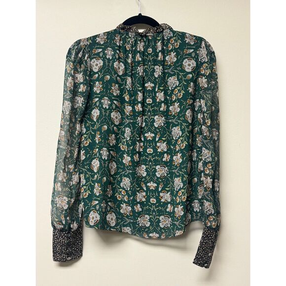 ALLISON NEW YORK Emerald Green Floral Print Tassel Tie Blouse, Sz S - Picture 8 of 12